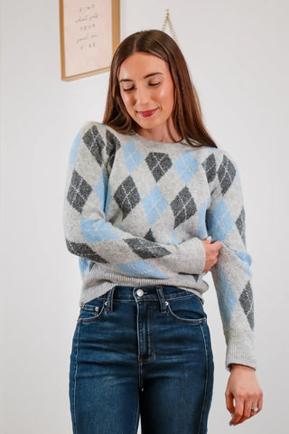 Argyle sweater, blue sweater, grey sweater, long sleeve sweater, warm sweater, fall sweater, fun sweater