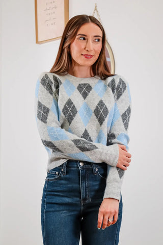 Argyle sweater, blue sweater, grey sweater, long sleeve sweater, warm sweater, fall sweater, fun sweater