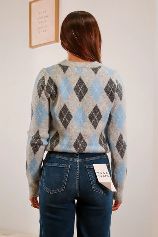 Argyle sweater, blue sweater, grey sweater, long sleeve sweater, warm sweater, fall sweater, fun sweater