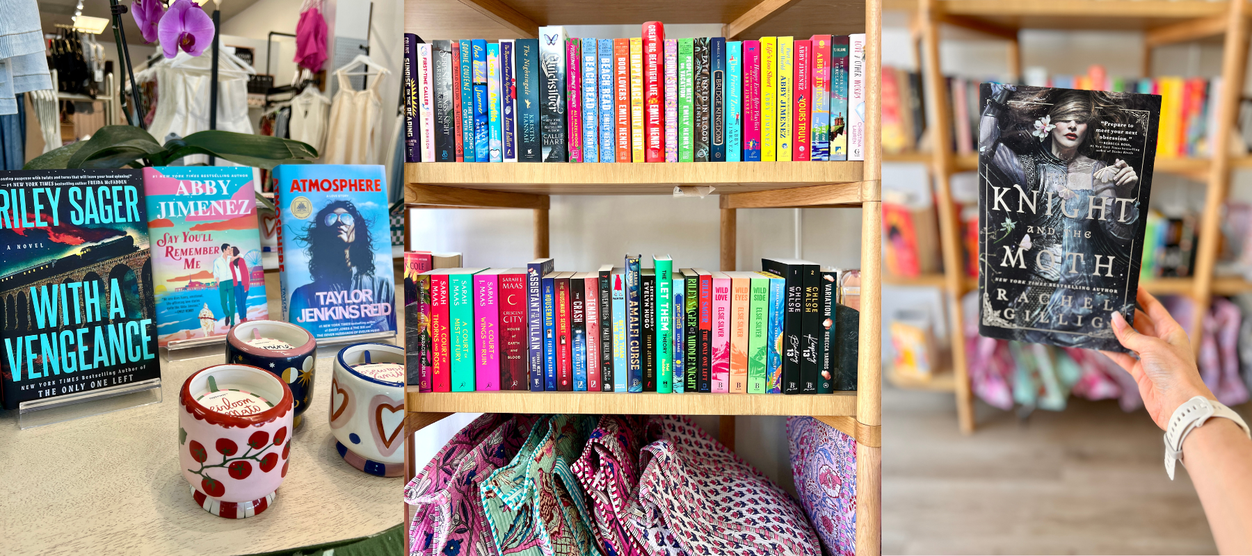 bookshelf full of books, Knight and the Moth, Atmosphere by Taylor Jenkins Reid, With a Vengenace by Riley Sager