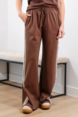 Brown sweat pants, brown lounge pants, brown comfy pants, brown track pants, white striped pants, brown and white striped pants, baggy pants, sweatpants, drawstring pants