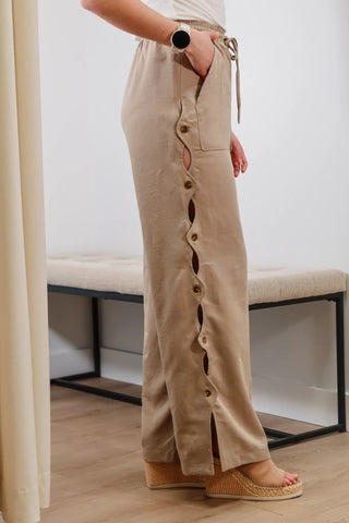 Beige pants, Button down pants, Work pants, work outfit inspo, summer outfit inspo, cute summer pants, flowy pants, pants w design. 