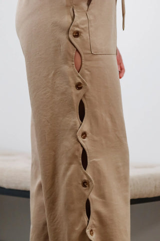 Beige pants, Button down pants, Work pants, work outfit inspo, summer outfit inspo, cute summer pants, flowy pants, pants w design. 