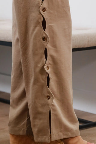 Beige pants, Button down pants, Work pants, work outfit inspo, summer outfit inspo, cute summer pants, flowy pants, pants w design. 