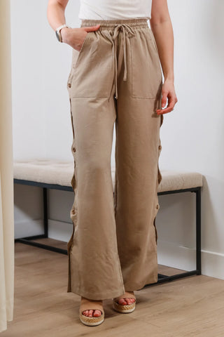 Beige pants, Button down pants, Work pants, work outfit inspo, summer outfit inspo, cute summer pants, flowy pants, pants w design. 