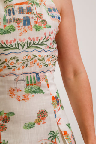 Linen maxi dress, tie back, high neck, bright print, white base