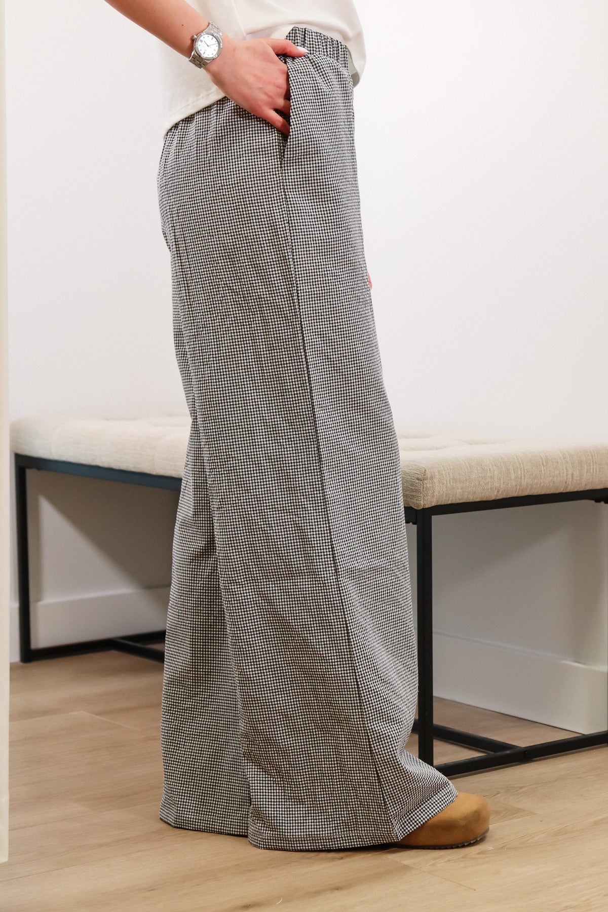 Gingham pants, black and white pants, wide leg pants