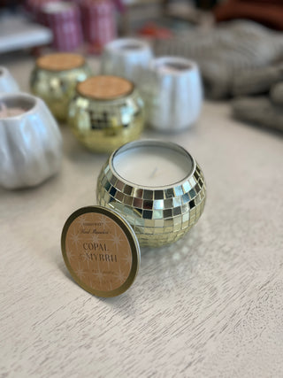 disco ball candle, scent is copal and myrrh, reusable jar once burned