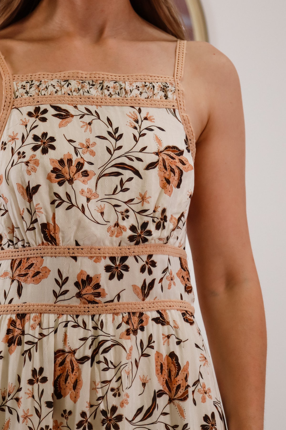 Flowy floral maxi dress, high neck, adjustable spaghetti straps, neutral colors