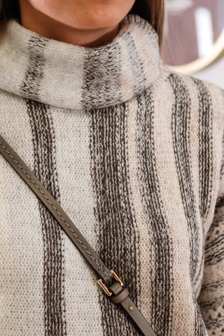 Turtle neck sweater with black and white strips, fall turtle neck sweater, sweater with different colored strips 