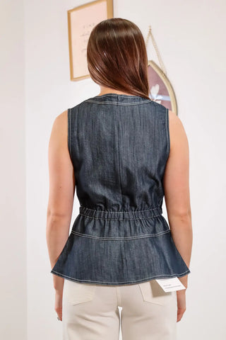 Denim Tank, Elevated tops, denim outfit inspo, Denim outfit, Denim, Denim top, Work outfit ideas, Blue denim top, Dark wash denim top.