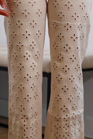 Summer pants, trending pants, tan pants, tan trending jeans, pants with a fun design, Popular Pants, Eyelet pants