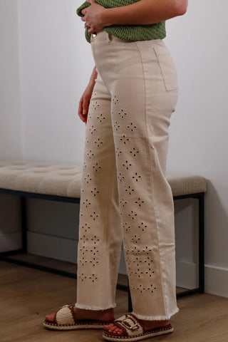 Summer pants, trending pants, tan pants, tan trending jeans, pants with a fun design, Popular Pants, Eyelet pants
