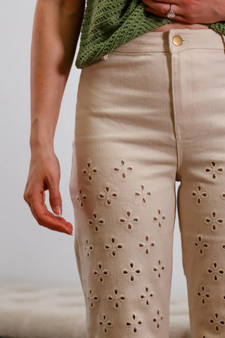 Summer pants, trending pants, tan pants, tan trending jeans, pants with a fun design, Popular Pants, Eyelet pants