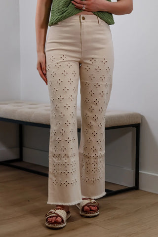 Summer pants, trending pants, tan pants, tan trending jeans, pants with a fun design, Popular Pants, Eyelet pants