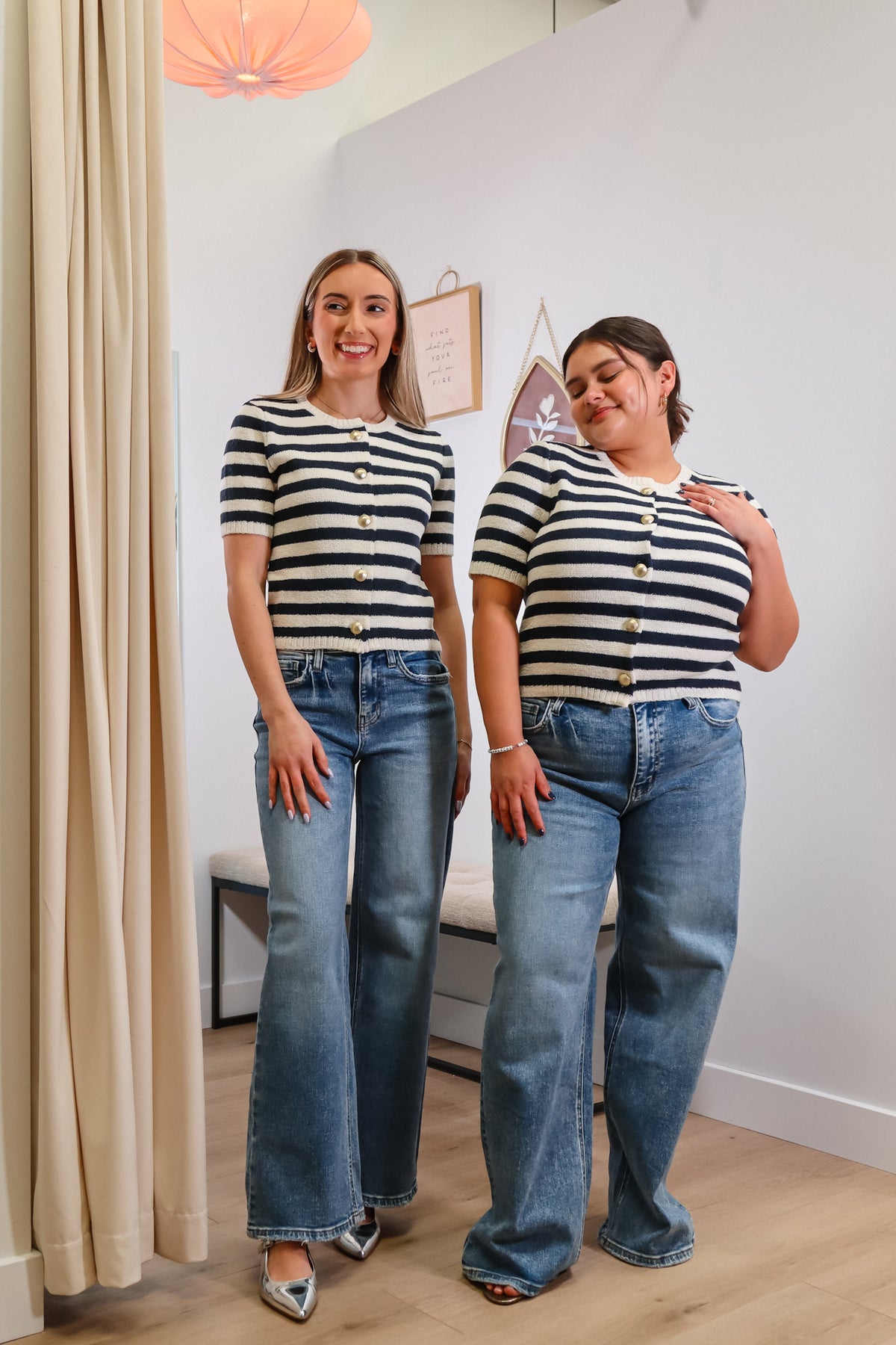 nautical knit top, white and navy stripes with gold buttons, short sleeve