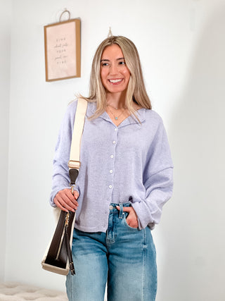 things between cardigan, light weight, lavender color cardigan with buttons in the front