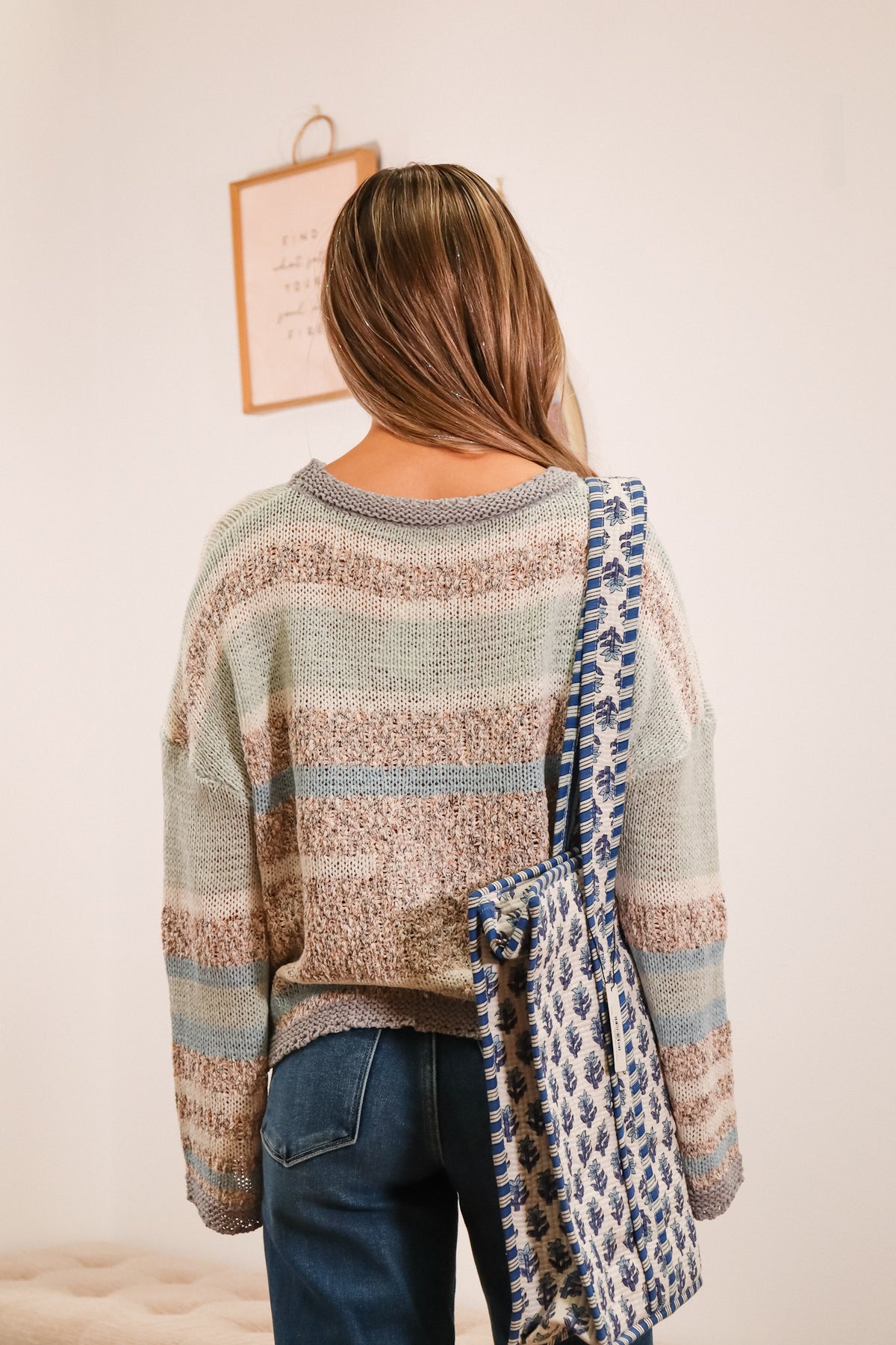 mixed knit sweater, mulit color sweater in shades of blue, grey, and white, long sleeves, oversized