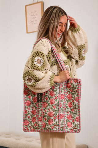 pink and green floral quilted tote bag with top zipper closure