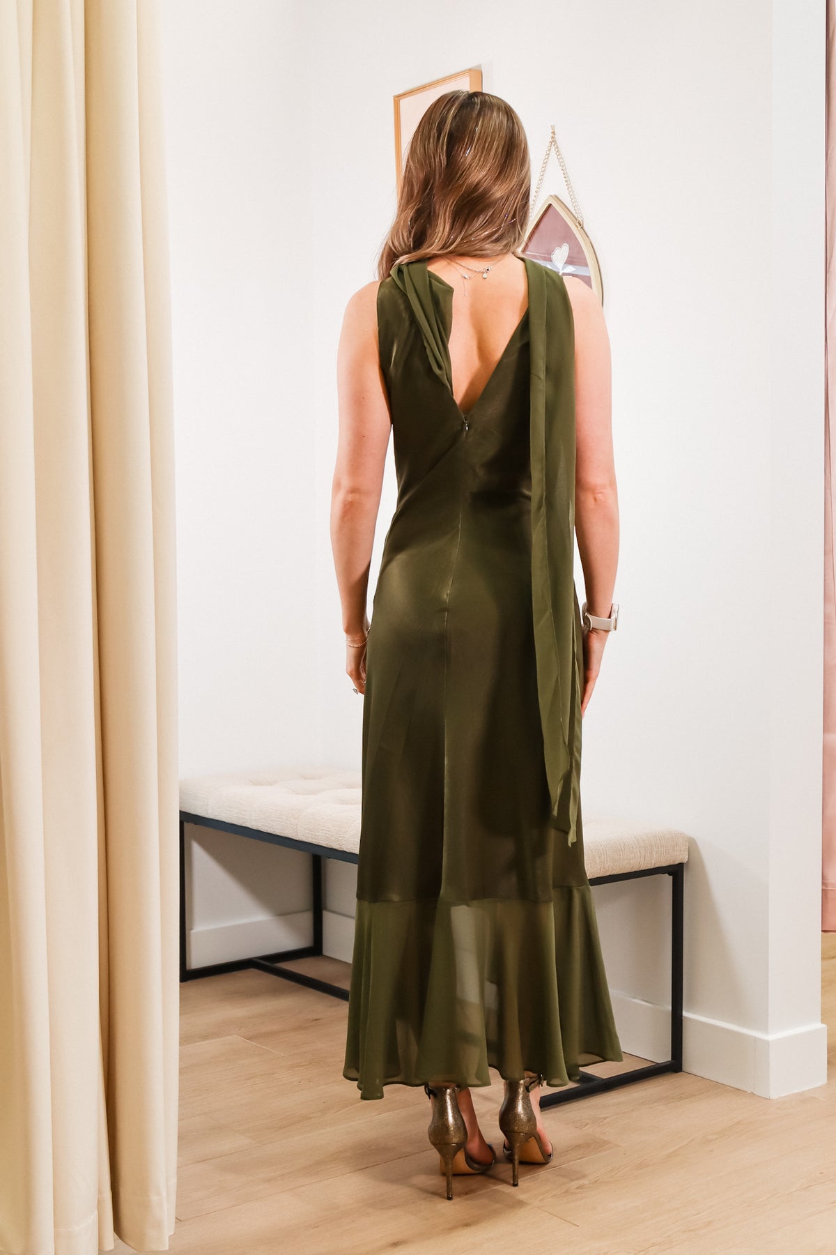 Elegant olive green midi dress, ruffled leg slit, cowl neck, additional neck scarf, V back