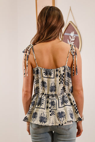 Breezy tank top with tie straps, blue print on white base
