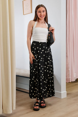 Midi skirt, black and white skirt, polka dot skirt, long skirt, button skirt, skirt with pockets, cute skirt