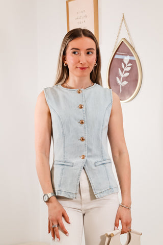 Vest top, denim vest, tops, blue tops