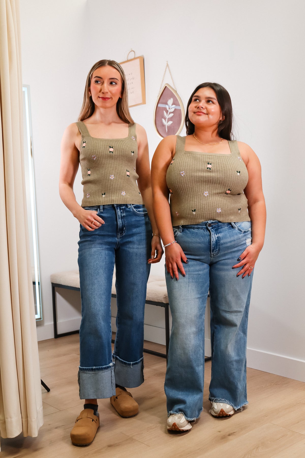 floral embroidery on knit square neck knit tank tops in both white and olive