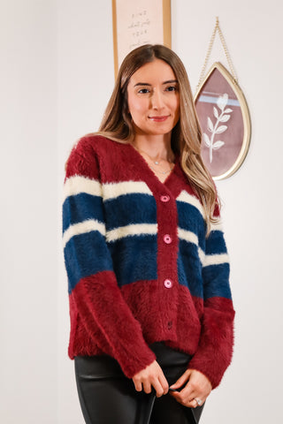 Stripped cardigan, cardigan, fuzzy cardigan, fuzzy stripped cardigan, red white and blue cardigan, v neck cardigan