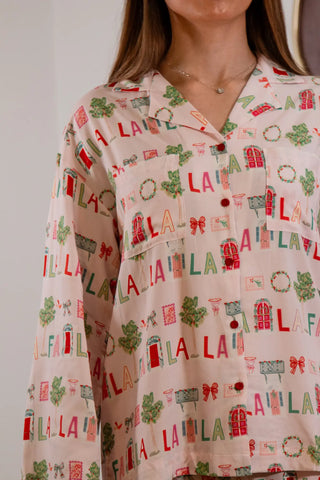 FA LA LA Pj set, Christmas Pjs, Christmas Pajamas, Cute Christmas pjs, Pink pjs, Pink and red Christmas pjs, Imbali Pj Sets, Christmas PJ pink and red.