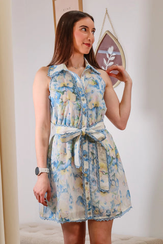 mini spring dress, spring break dress inspo, flower dress, blue and white flower dress, spring dress, short dress, picnic dress, dinner dress, vacation outfit inspo, mini dress with a belt, collar dress