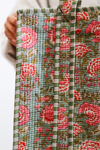 Quilted tote bag, pink and green tote bag, floral tote bag, patterned tote bag, striped tote bag