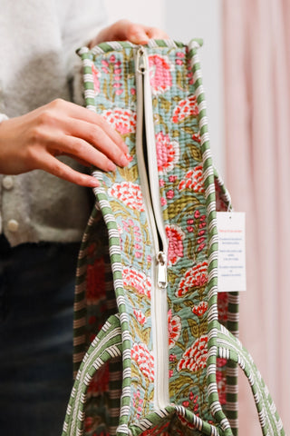 Quilted tote bag, pink and green tote bag, floral tote bag, patterned tote bag, striped tote bag