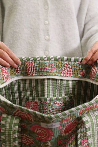 Quilted tote bag, pink and green tote bag, floral tote bag, patterned tote bag, striped tote bag