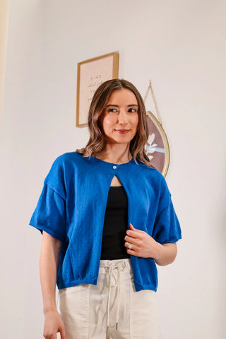 Cardigan, blue cardigan, short sleeve cardigan, blue short sleeve cardigan, one button cardigan, cardigan with one button, cute cardigan, cute blue cardigan, cute short sleeve cardigan, cover ups, cute cover ups