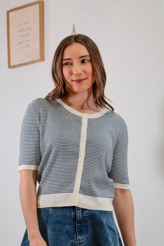 Blue snag white striped cardigan, button up cardigan, cute cardigan, summer sweater, summer top, cute tops for summer, short sleeve cardigan
