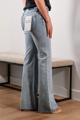 Low rise jeans, jeans with flare, raw hem jeans, cute jeans, trendy jeans, medium wash jeans - 1