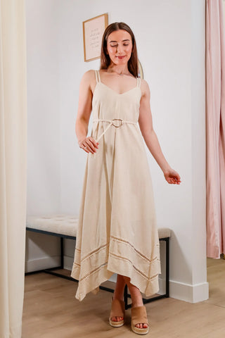 Long cream midi dress, midi dress, dress with adjustable straps, dress with gold detail, dress with cute belt, trendy dress, vacation dress - 3