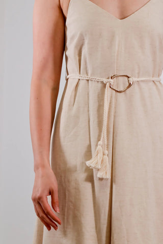 Long cream midi dress, midi dress, dress with adjustable straps, dress with gold detail, dress with cute belt, trendy dress, vacation dress - 1