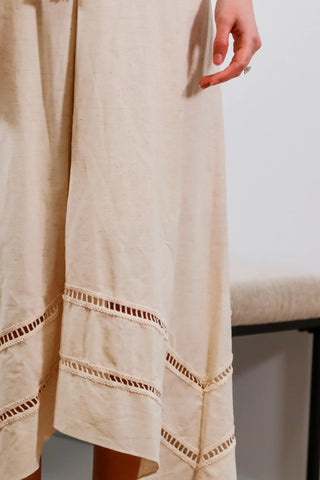 Long cream midi dress, midi dress, dress with adjustable straps, dress with gold detail, dress with cute belt, trendy dress, vacation dress - 5
