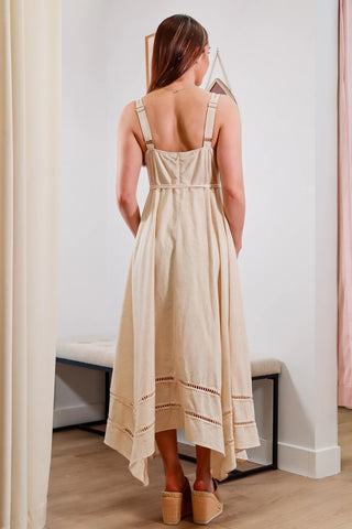 Long cream midi dress, midi dress, dress with adjustable straps, dress with gold detail, dress with cute belt, trendy dress, vacation dress - 8