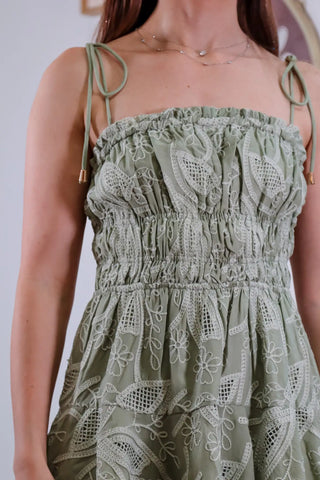 Green mini dress, adjustable strap dress, white embroidery details, pretty dress, party dress, vacation dress, cute dress - 5