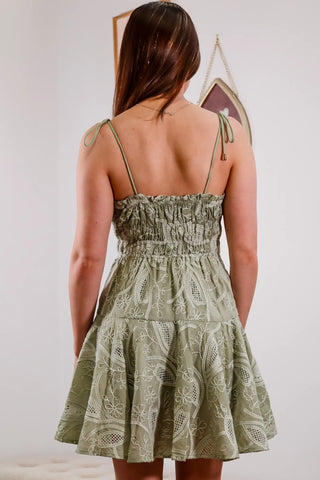 Green mini dress, adjustable strap dress, white embroidery details, pretty dress, party dress, vacation dress, cute dress - 6