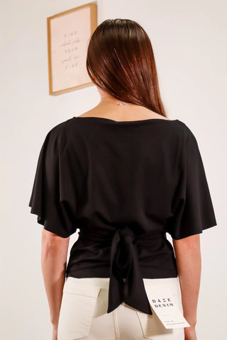 Black top, black shirt, tie in back, cinch top, flattering top, dolman sleeve top, full length top, work top, trendy top, boathouse neckline - 2