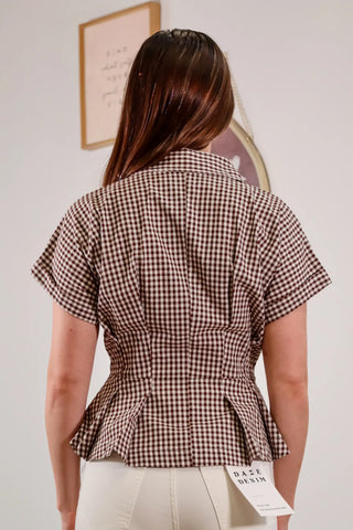 Brown gingham top, cinch waist top, flare out top, button down top, lightweight top, work top, fun top, trendy top, brown top, white top - 3