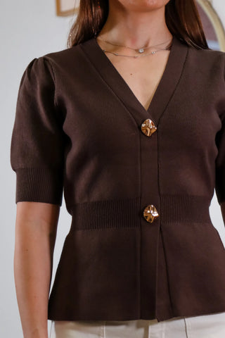 Brown top, brown top with gold buttons, top with buttons, short sleeve cardigan, flattering top, slight v top, cinch waist top,  - 2