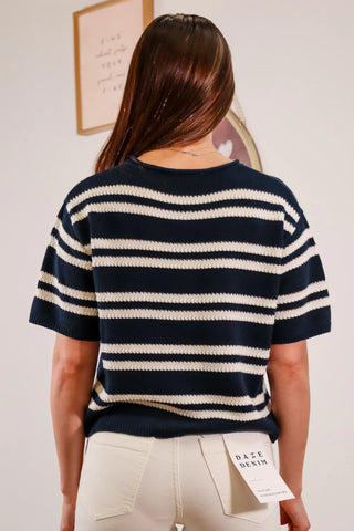 Blue and white stripe top, blue and white top, navy top, summer top, summer sweater,, knit tee shirt, full length top - 4