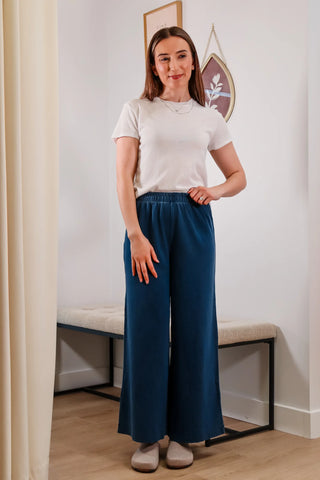 High rise pants, blue pants, denim pants, flowy pants, cute pants, full length pants, lightweight pants, elastic waist pants - 3