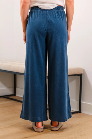 High rise pants, blue pants, denim pants, flowy pants, cute pants, full length pants, lightweight pants, elastic waist pants - 1