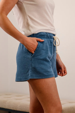 Blue shorts, shorts, mid rise shorts, comfortable shorts, shorts with tie waist, shorts with pockets - 1